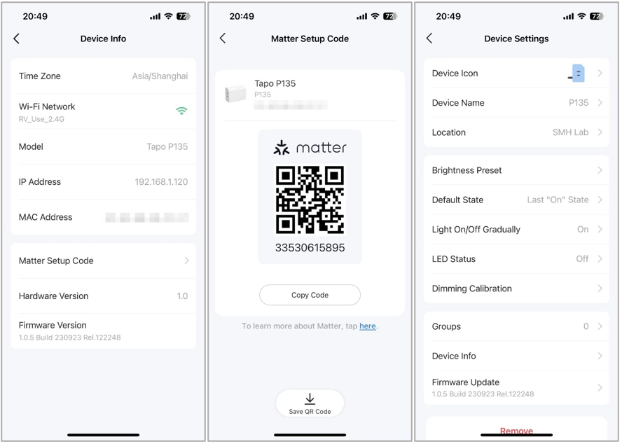 A screenshot showing the path to find the Matter Setup Code via Tapo app.