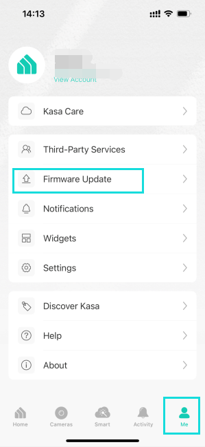 Tap Me tab in Kasa app, then select Firmware Update.