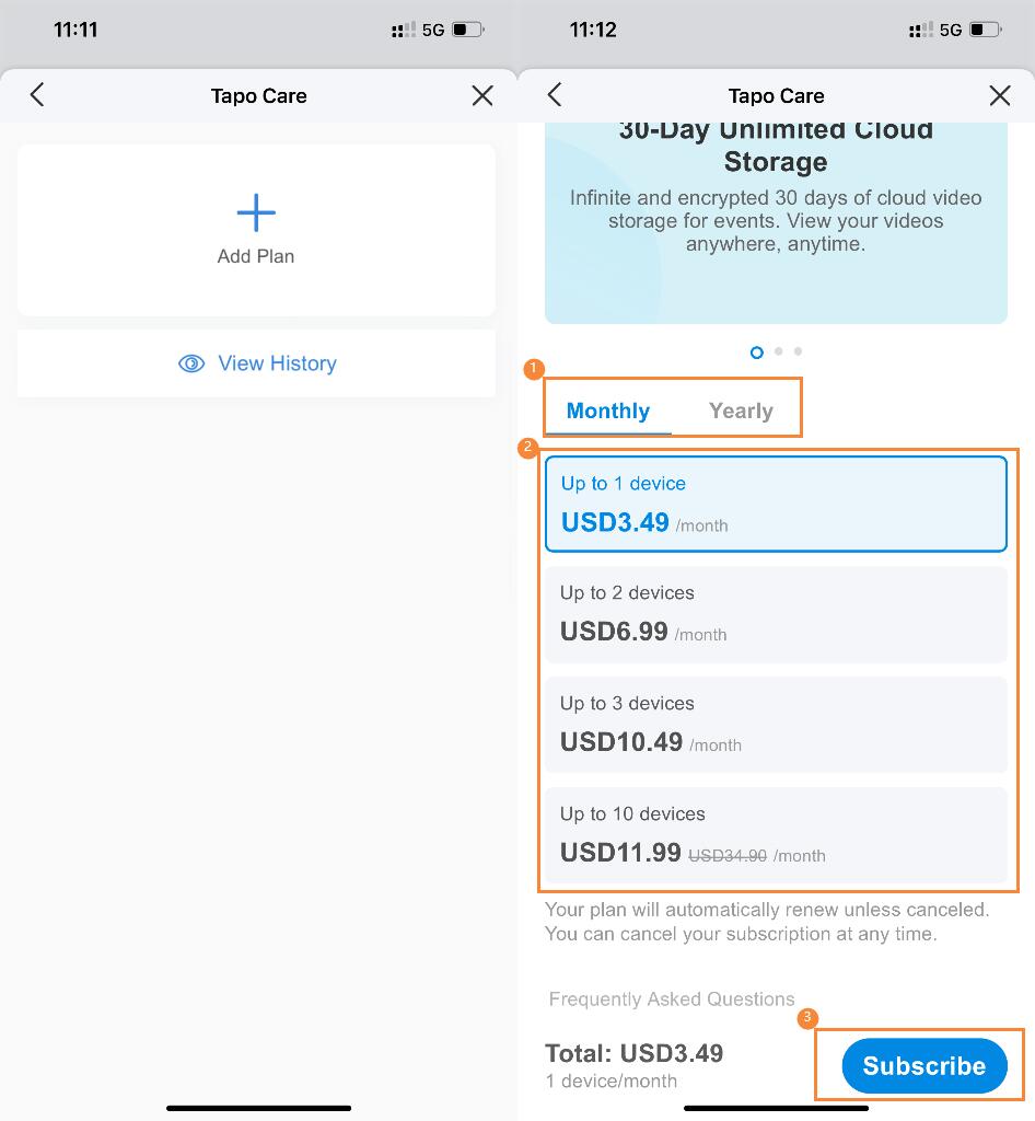 Tap Add Plan, select a desired plan, then tap Subscribe.