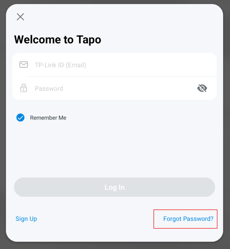 A picture showing the location of the “Forgot Password” button in the Tapo app.