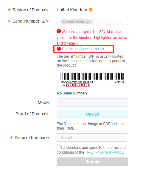 Donble confirm the S/N is entered correctly and tap Confirm to submit this S/N when the error "We don't recognize the S/N" appears.