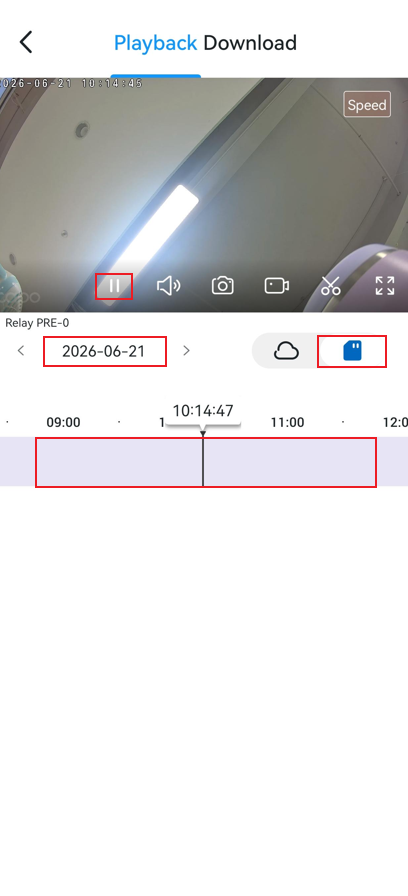 Tap the SD card icon and select a date to view the recording. Drag the timeline to navigate to the timeframe you want to review.