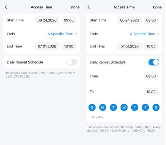 On the normal code access time setting page, disable the "Daily Repeat Schedule" option on the left and enable the "Daily Repeat Schedule" option on the right.