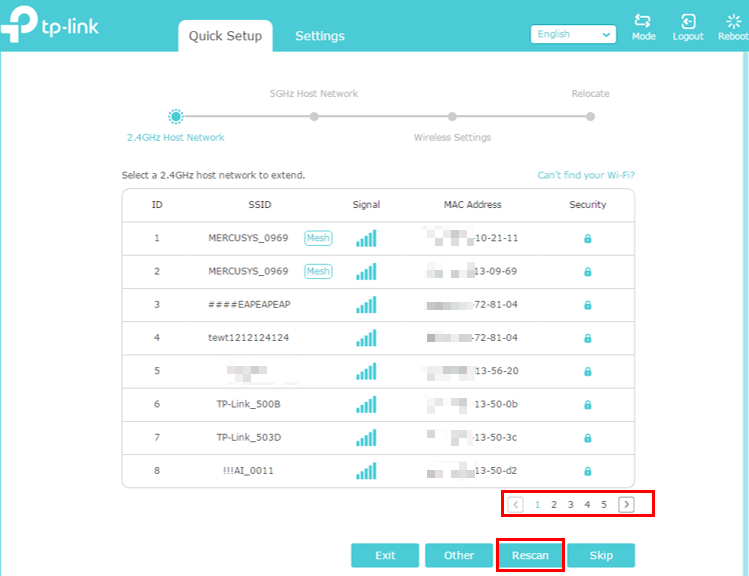 The 2.4GHz Host Network scanning page in the Quick Setup process.