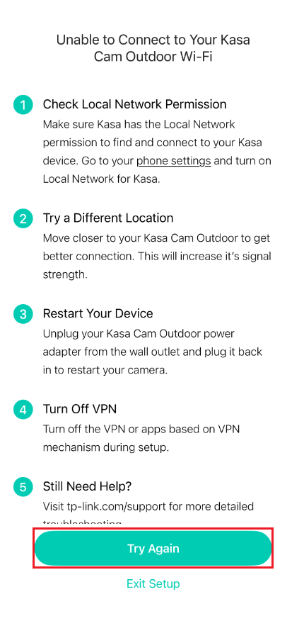 Tap Try Again in the Kasa app.