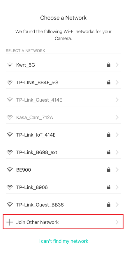 The position of the “Join Other Network” button on the app.