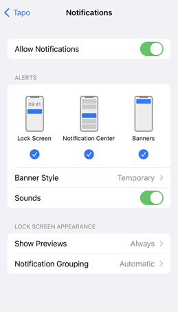 A screenshot showing that the Allow Notifications is enabled for Tapo app on iPhone.