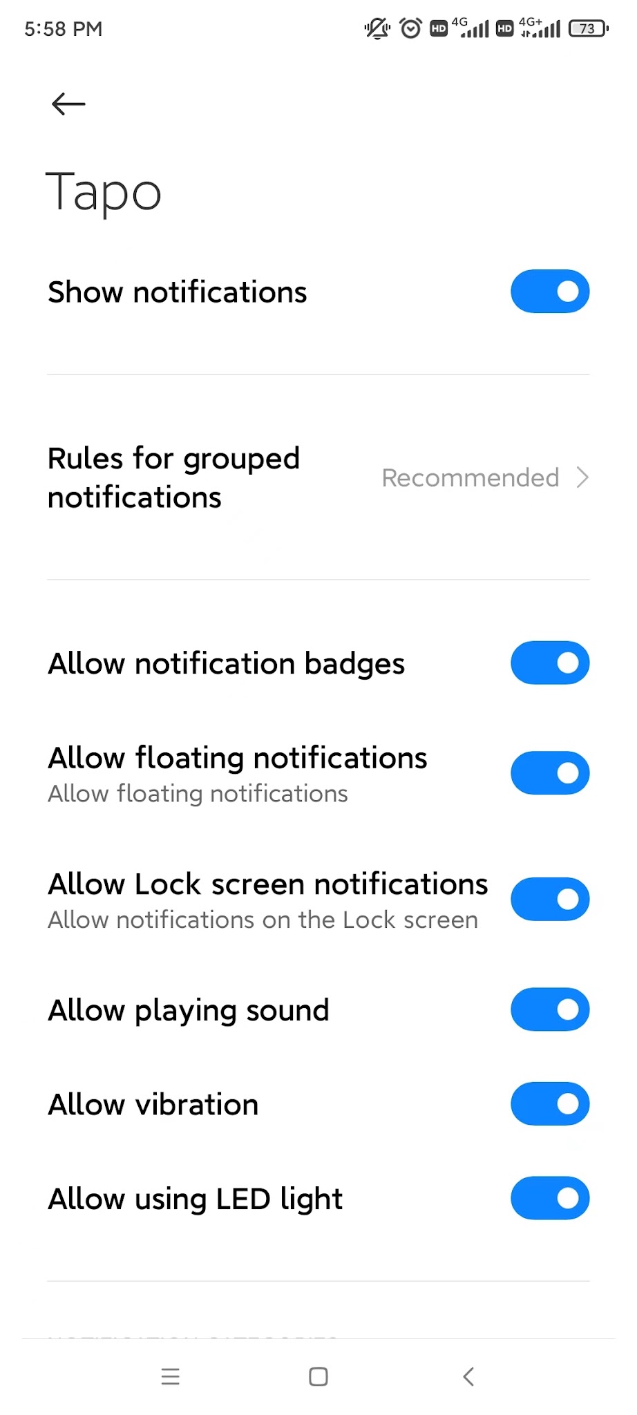 A screenshot showing that the Show Notifications is enabled for Tapo app on Android Phone.