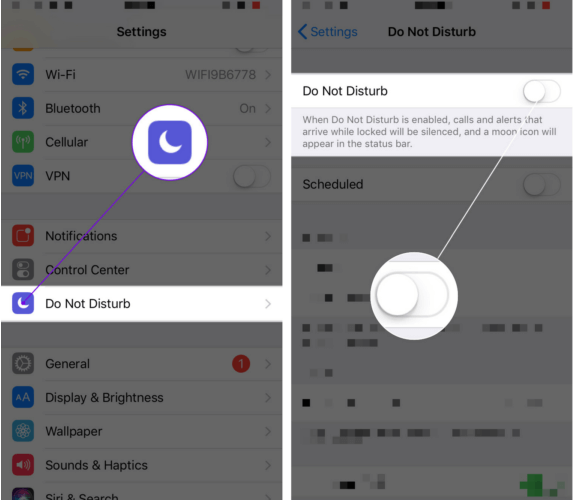 A screenshot showing the path to turn off Do Not Disturb on iPhone.