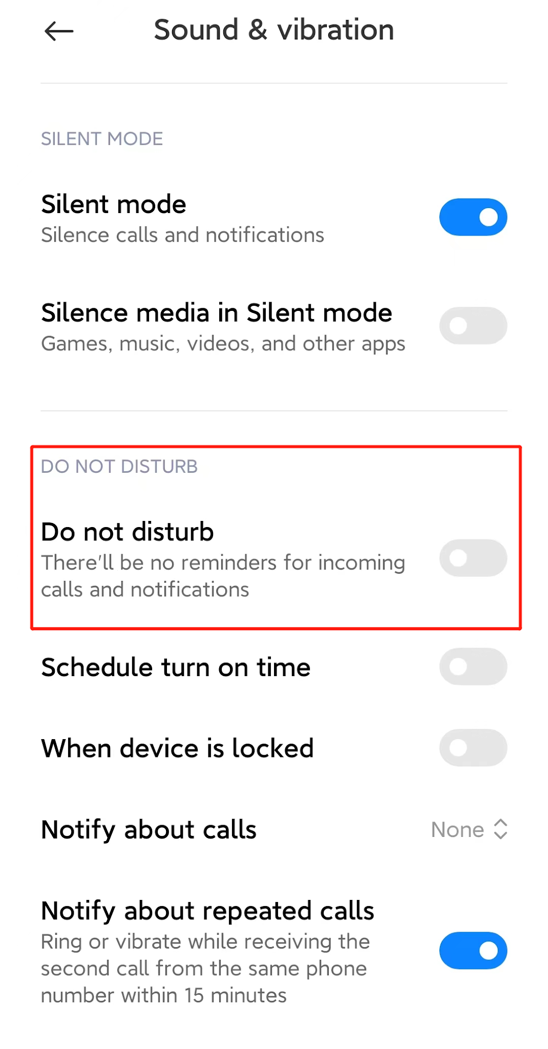 A screenshot showing the path to turn off Do Not Disturb on Android Phone.