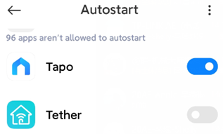 A screenshot showing the Autostart toggle is enabled for Tapo app.