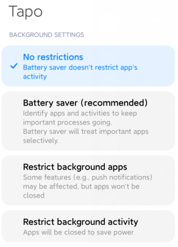 A screenshot showing the Battery Saver limitations for Tapo app is removed.