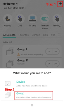 A screenshot showing the path to create a group in Kasa app.