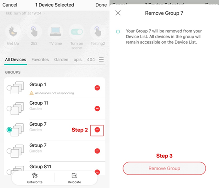 A screenshot showing the way to delete a group from Kasa app Home page.