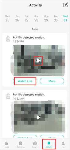 Select the Activity tab in the Kasa app to view the cloud recordings.
