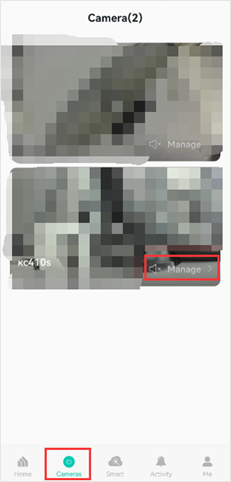 Select the Cameras tab in the Kasa app, then tap Manage to enter Live View.