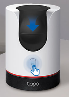 Tapo C225 camera with its physical privacy button pressed, showing the lens rotated to hide for enhanced privacy.