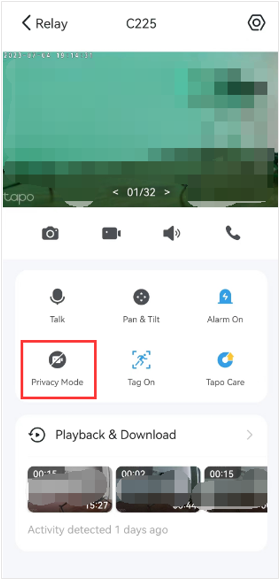 Tap Privacy Mode in camera live View page.