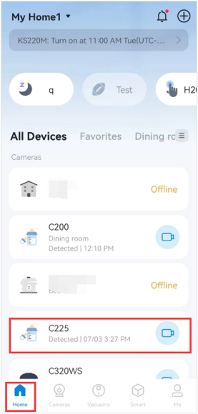 Tap the camera device card from Tapo app Home page.