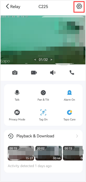 Tap the gear icon in the top right corner from the camera Live View page.