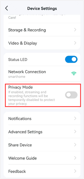 Enable or Disable the privacy mode from the camera Device Settings page.
