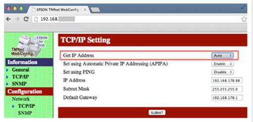 EPSON TMNet WebConfig TCP/IP Settings page with "Get IP Address" field highlighted, set to Auto.