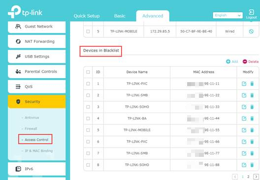 TP-Link Advanced Security Access Control page showing Devices in Blacklist table with 8 devices listed.
