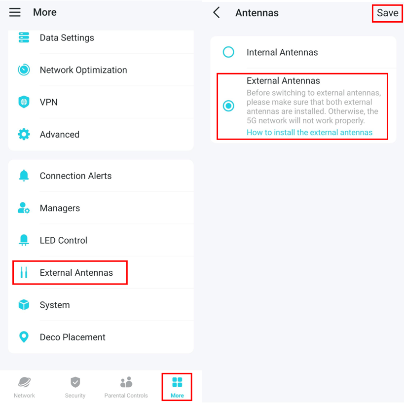 Deco app showing More > External Antennas screen with "External Antennas" selected and highlighted, and Save button visible.