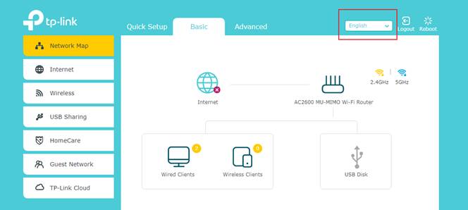 TP-Link router Basic tab Network Map screen with language dropdown highlighted in top right corner.