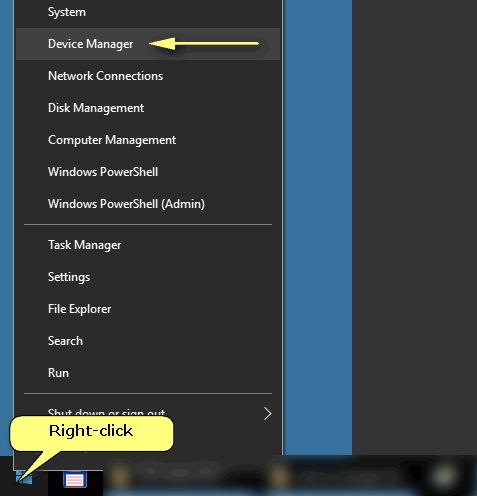 Windows right-click Start menu with Device Manager highlighted.