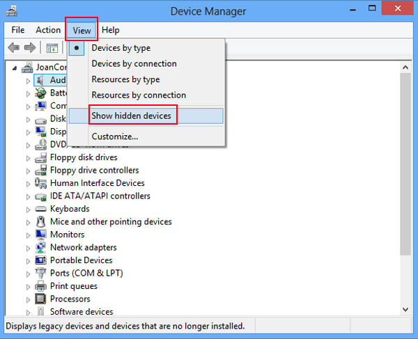 Device Manager View menu open with Show hidden devices highlighted.