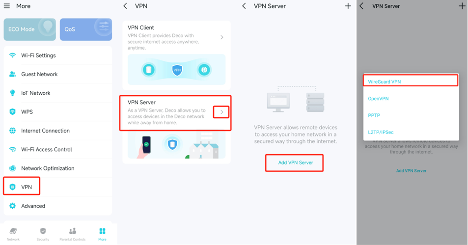 The path to find the WireGuard VPN in the Deco app.