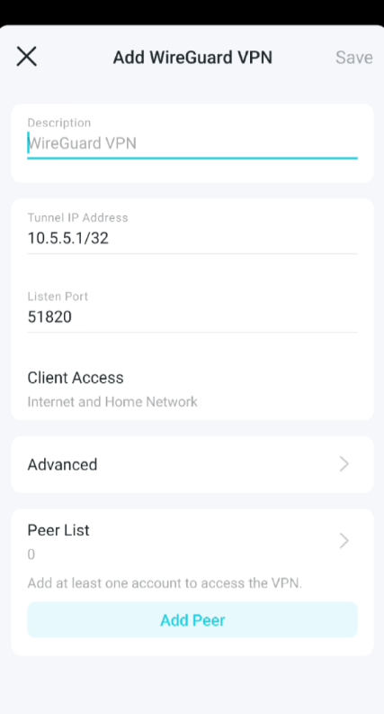 Deco app Add WireGuard VPN screen showing Description, Tunnel IP, Listen Port, Client Access, and Peer List fields.
