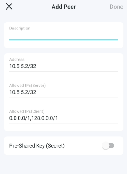 Deco app Add Peer screen showing Description, Address, Allowed IPs, and Pre-Shared Key toggle fields.