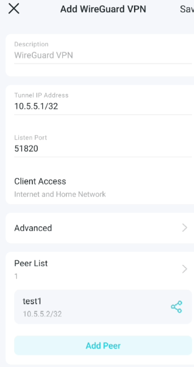 Add WireGuard VPN screen showing Peer List with one peer entry named test1 at 10.5.5.2/32.