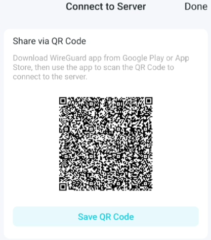 Connect to Server screen showing a WireGuard QR code with Save QR Code button.