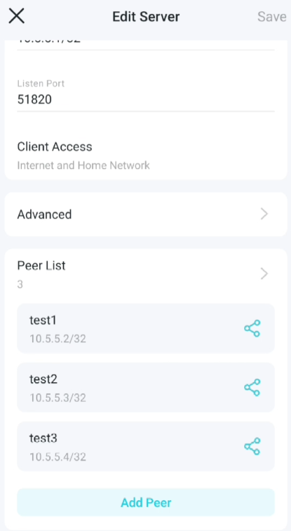 Edit Server screen showing Peer List with three peers: test1, test2, and test3, each with a share icon with an add peer button.