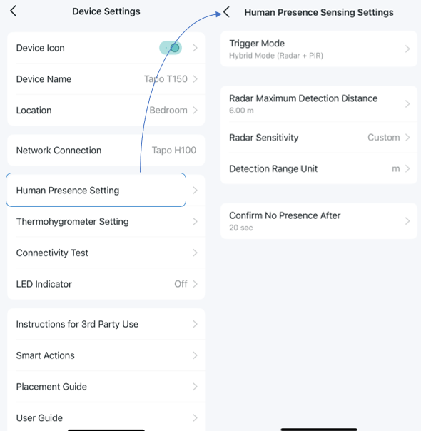 Displays the Device Settings > Human Presence Setting page in the Tapo app.