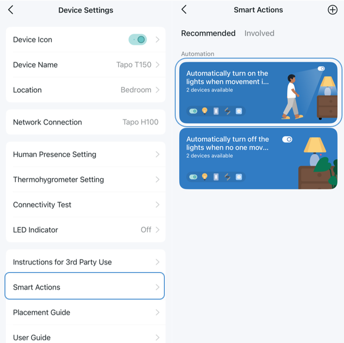 Displays the Device Settings > Smart Actions page in the Tapo app.