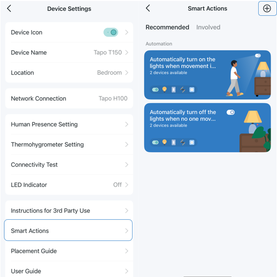 Displays the Device Settings > Smart Actions page in the Tapo app.
