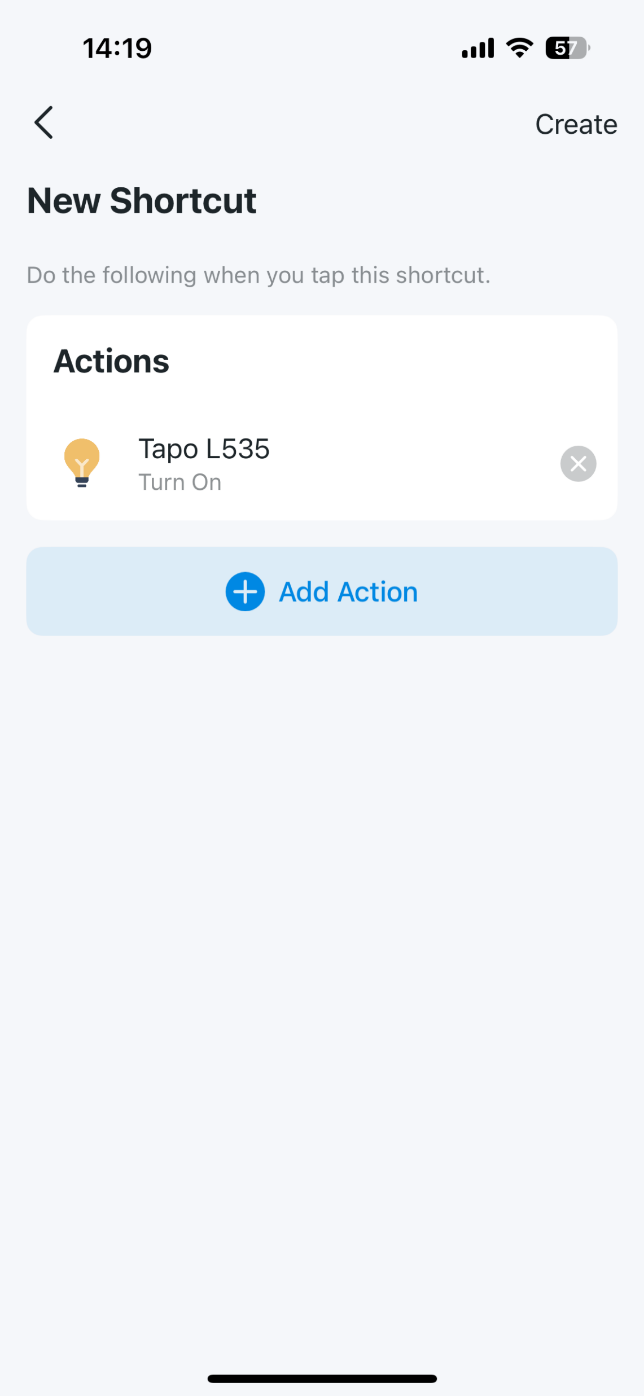 Displays the New Shortcut page in the Tapo app.