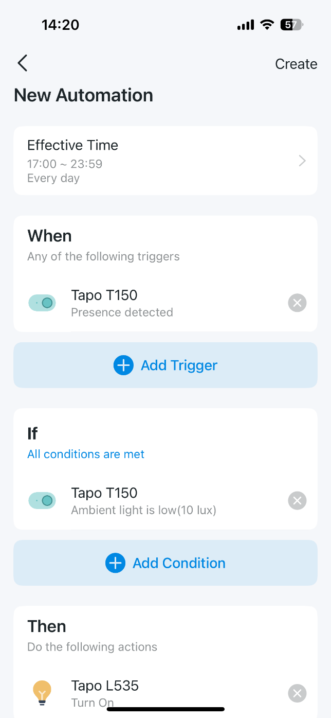 Displays the New Automation page in the Tapo app.