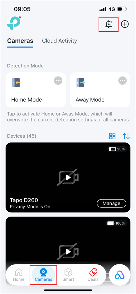 Select Cameras Tab, then tap Snooze icon in the top right corner.