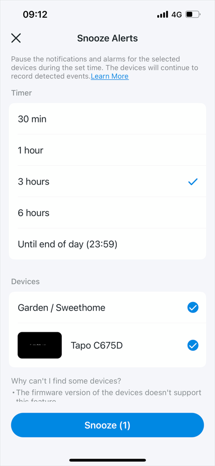 Set the Snooze Timer and select devices, then tap Snooze.