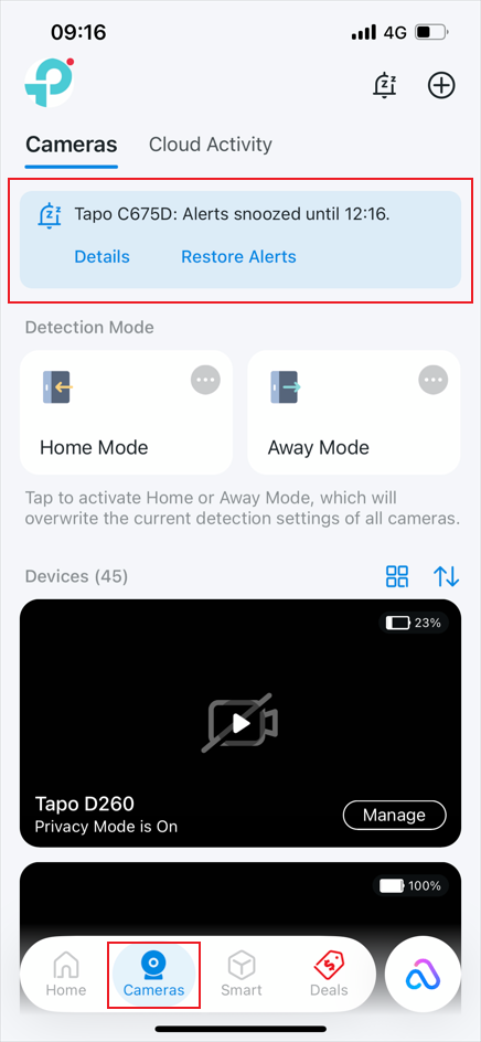 Select Cameras Tab to view Snooze Status.