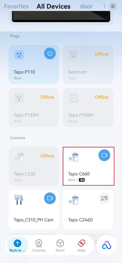 Tap the camera device card from the Tapo app Home page.