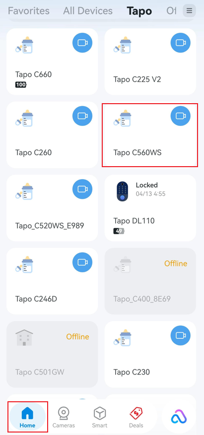 A screenshot shows the Tapo App Home page with Tapo C560WS highlighted.