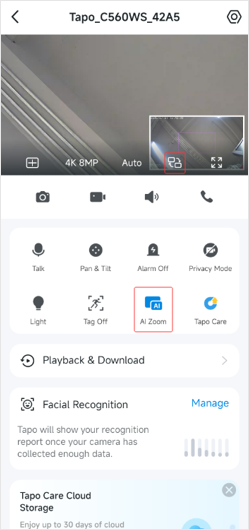 A screenshot shows the Tapo C560WS live view page with AI Zoom enabled.
