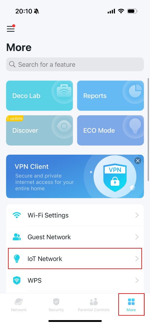 The IoT Network position in the More page.