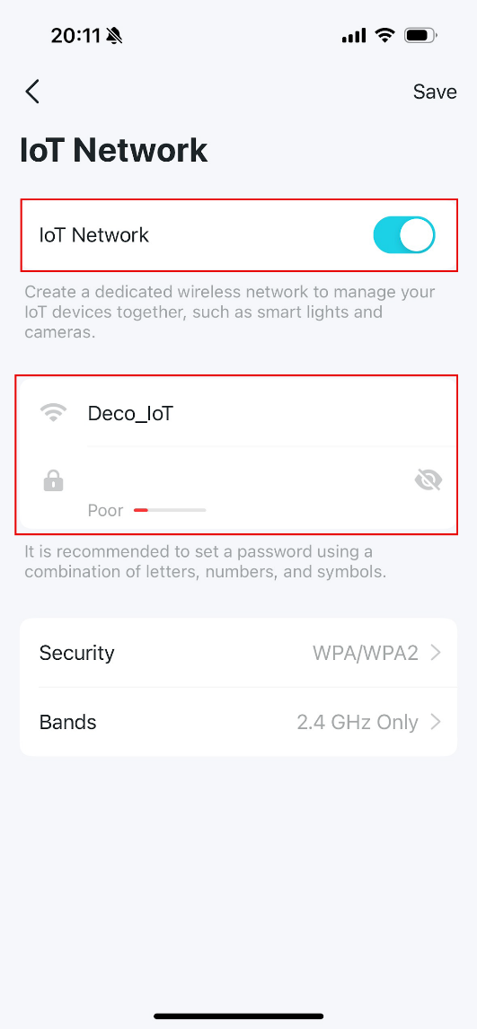 The IoT Network page with a IoT Network toggle, a Wi-Fi name box, a password box, a Security option, and a Bands option.